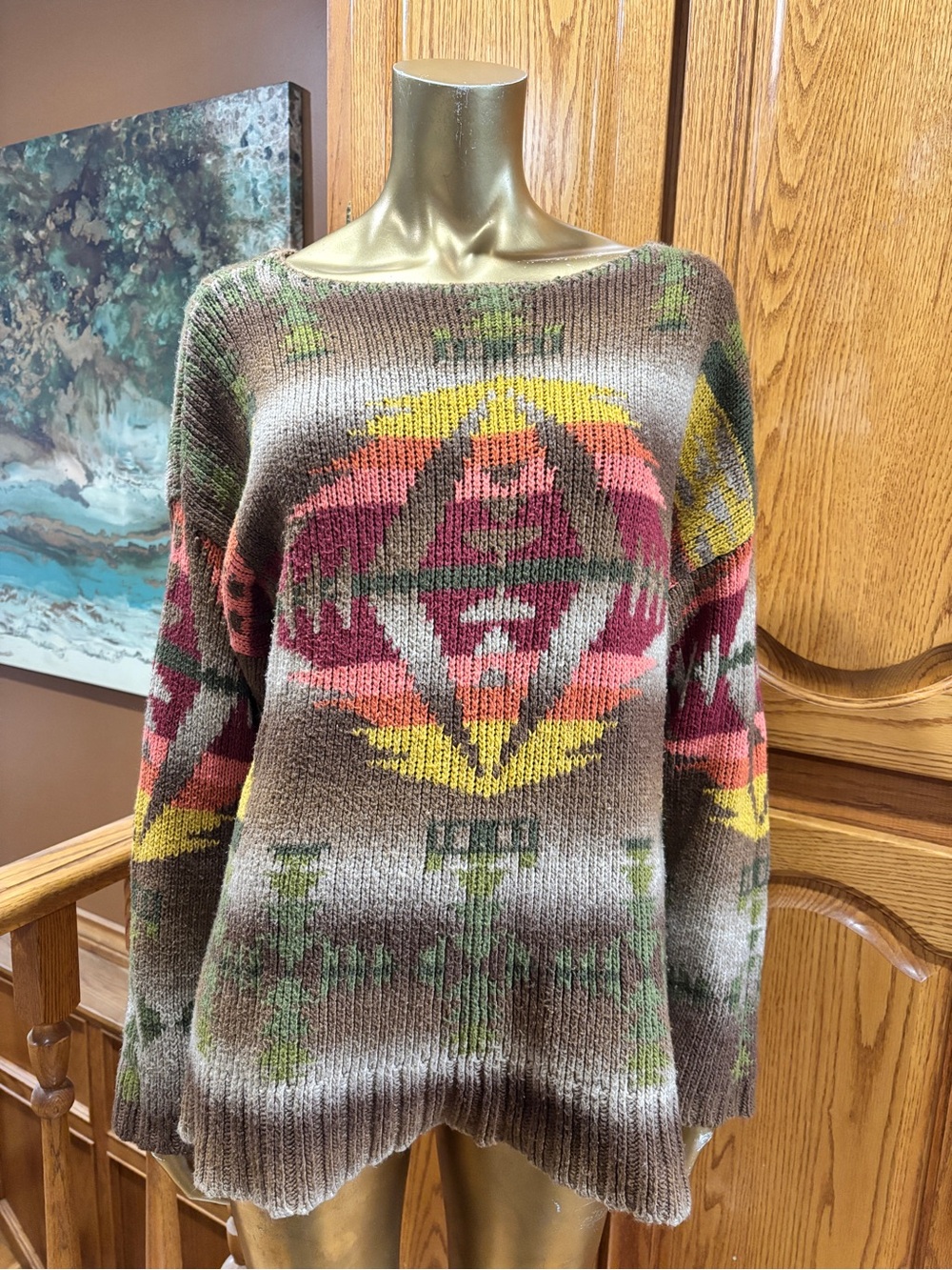 Aztec-Inspired Crewneck Sweater in Brown Multicolor